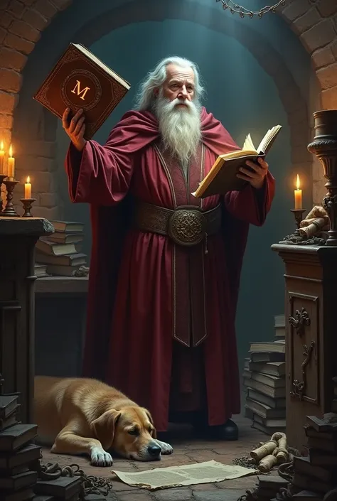 A magician shows his grimoire and the letters MNO written on the cover are clearly visible: he is in his quarters an old dog sleeps next to him