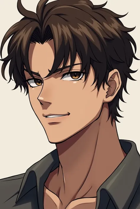 Create a drawing of a handsome guy, he has brownish hair covering his forehead, hes wearing a black dust coat without a shirt inside of the dust coat, he has a smirk on his face, hes carriying a big backpack, in a anime style, show only his face