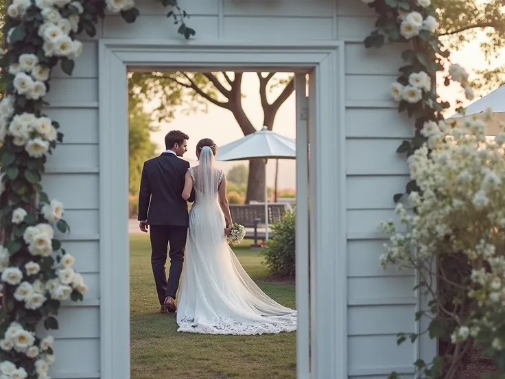 They are walking wearing wedding dress 