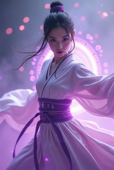 A handsome Chinese girl, sharp eyes, clear facial features, wearing Hanfu, combat posture, martial arts movements, body surrounded by purple mist, runes around, holographic reality, holographic halo, motion blur, game light effects, edge light, soft light,...