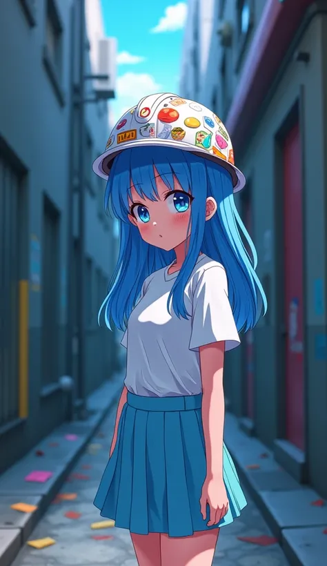 Create a  girl, With blue eyes neon , normal teeth,  blue hair, in an alley, orinando,,  workers helmet full of stickers , camisa blanca, light blue skirt,  wears the anime style 