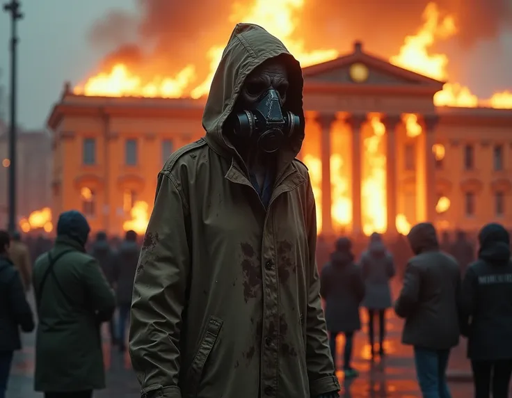 Stalker in a raincoat with a gas mask on his bony face at a rally in front of a burning government building in Kiev