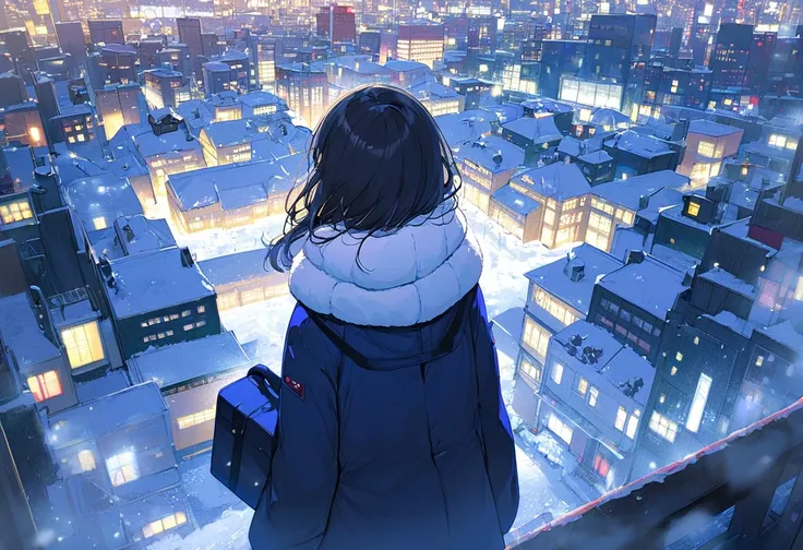 1 woman,back of view,present day,tokyo,A snowy Christmas night. The lights in the buildings are on.  Beautiful scenery.