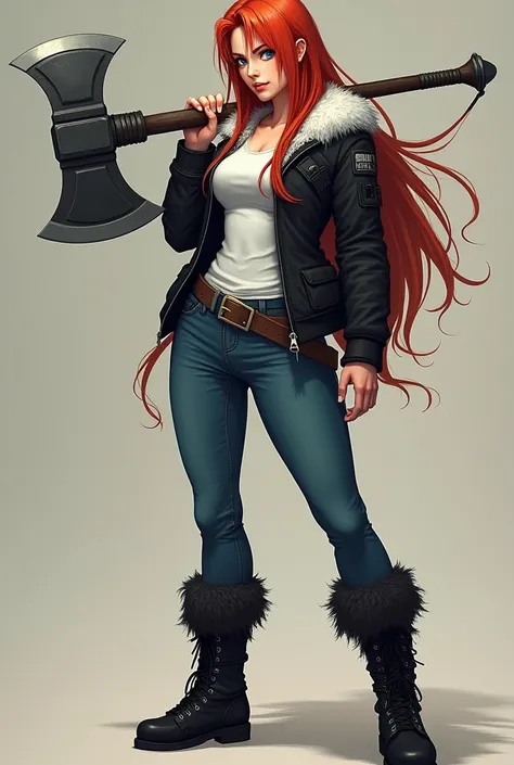 a tall, muscular woman. your skin is fair,  she has blue eyes and long red hair . She wears a black jacket with a white fuzzy part on the collar,  with a white t-shirt underneath .  She wears blue jeans with fuzzy black boots . In your hands,  she holds a ...