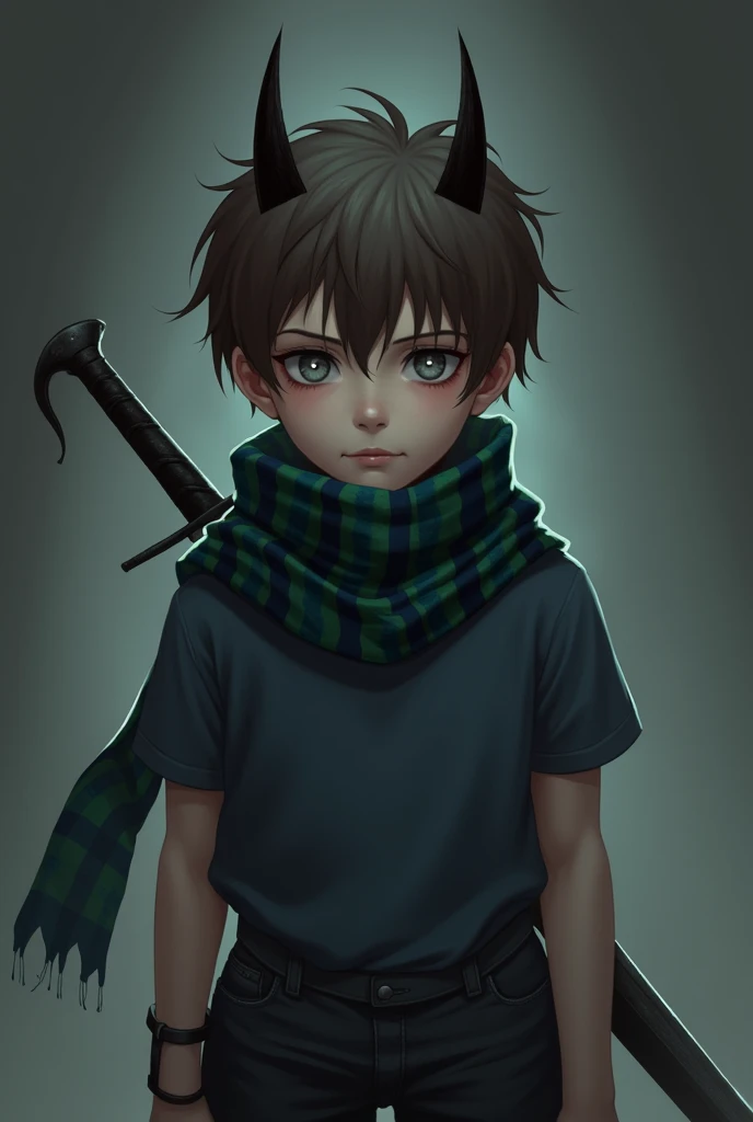  a boy with a scarf the scarf which is dark green and dark blue in lines,  has short brown hair , has white skin, dark pants, dark blue t-shirt , strong gray eyes , small nose and medium mouth (The scarf covering her mouth) He has two black horns ,  a dagg...