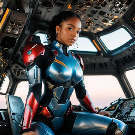 Highly detailed photo of a girl, SF soldier, curvy girl, 25yo, Mech warrior of women mercenary, Hyper huge saggy boobs, (body armored on body suit), wide open chest, sitting like a queen, Stately and dignified, Very dissatisfied look, (headset, Powerful an...