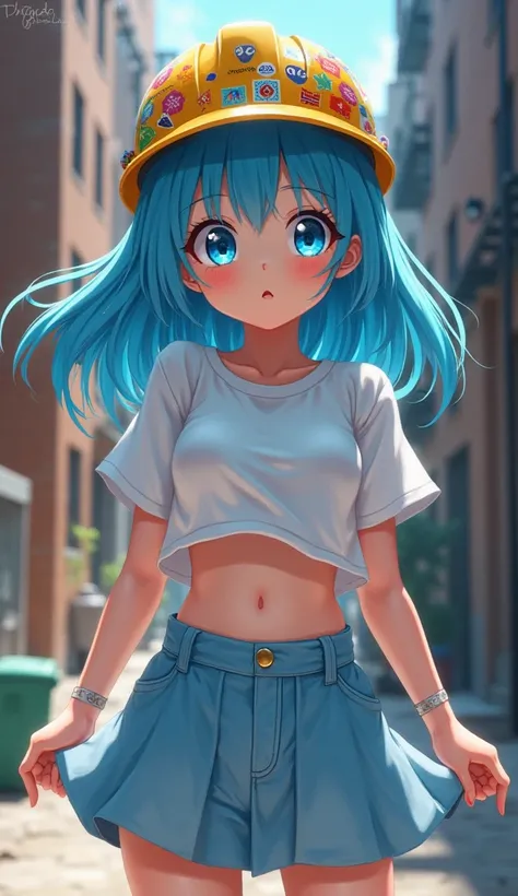 Create a  girl, With blue eyes neon , normal teeth,  blue hair, in an alley,  vagina,,  workers helmet full of stickers , camisa blanca, light blue skirt,  wears the anime style 