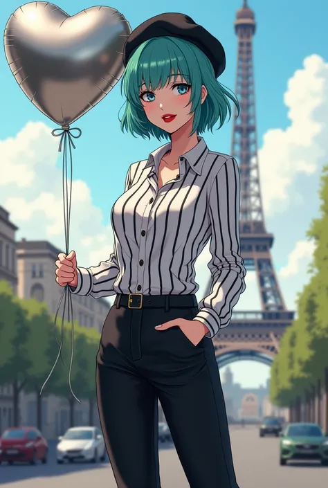  Serena, a 25-year-old woman with short turquoise hair up to her ears.,  very beautiful with a curvilinear body , , red and sensual lips,  her fringe split in half falls on her blue eyes ,  dressed as a cuddle in the city of Paris. .  black flared pants an...