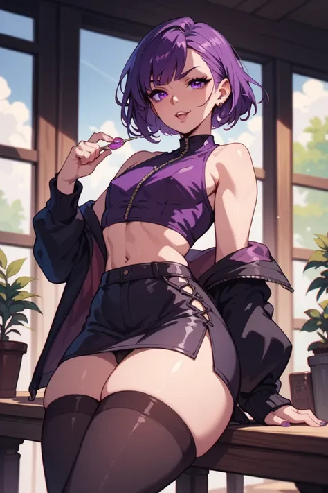 An anime boy, She has short purple hair ,  Purple eyes ,  she wears a short black grende shirt ,  she has a black mini skirt , She has thigh-length stockings ,  has big thighs and a thin waist and is a femboy