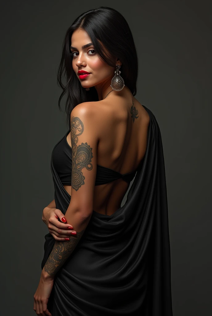 Realistic 4k image of indian girl wearing black backless saree with low waist oiled skin and red lipstick on lips tattoos