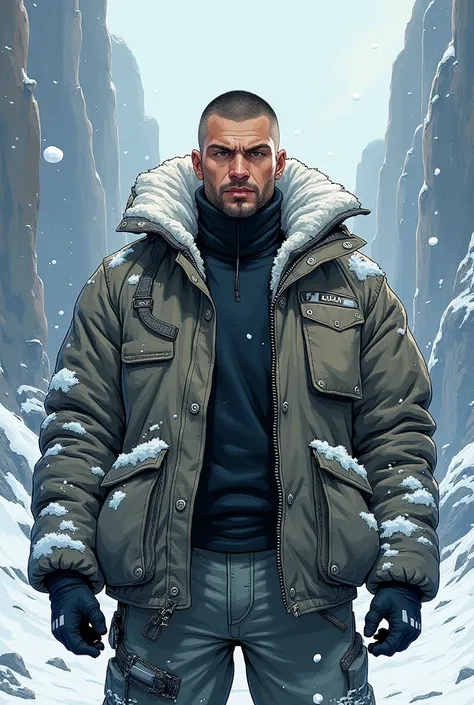 Create a drawing of a guy with masculine features, he has short hair with a buzz cut, hes wearing an oversized jacket and clothes for cold weather, hes looking at the viewer, in a manga style