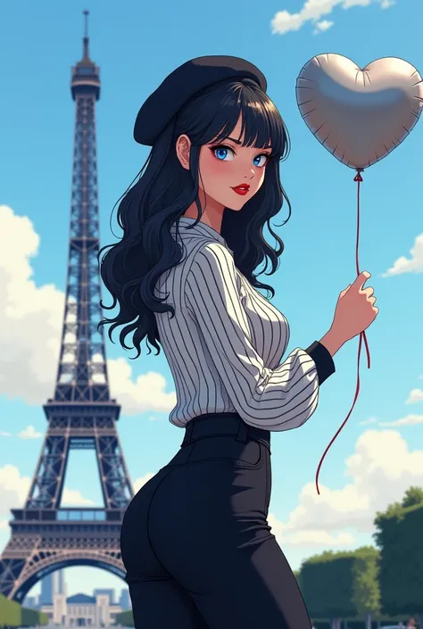  Serena a 25-year-old woman with a blue film , I cut up to the ears ,  very beautiful with a curvilinear body , , red and sensual lips,  her fringe split in half falls on her blue eyes ,  dressed as a cuddle in the city of Paris. .  black flared pants and ...