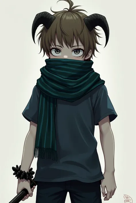  a boy with a scarf the scarf which is dark green and dark blue in lines,  has short brown hair , has white skin, dark pants, dark blue t-shirt , strong gray eyes , small nose and medium mouth (The scarf covering her mouth) He has two black horns , a dagge...