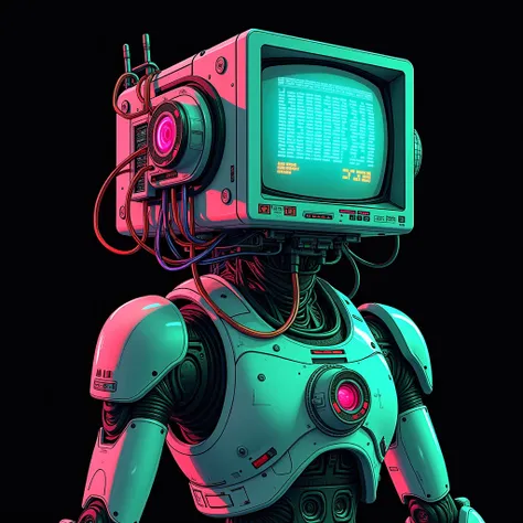 "A full detailed illustration of a **futuristic robot-niji figure with elements of cybernetics**. In place of the head, there is a complex electronic device, composed of various technological components. Include an old CRT monitor displaying blue pixelated...