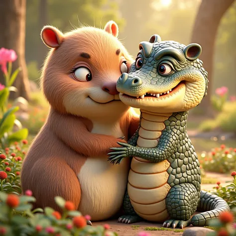  a high-quality rendered 3D illustration that captures a capybara and a crocodile embracing each other in a warm and tender environment. Green river forest background  
