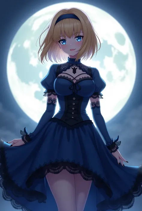 Usagi tsukino. blonde hair. Bob cut. Blue Gothic dress. Not a sailor outfit. Perky boobs. Blue eyes. Anime style. Giant Moon background.