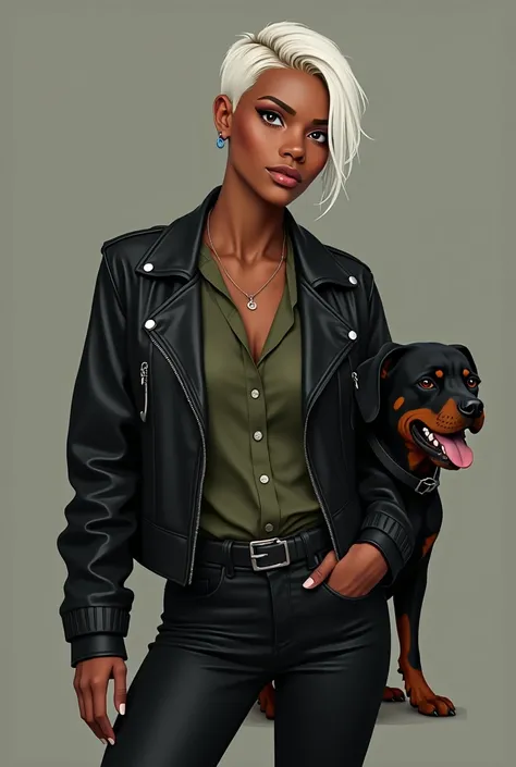 Create an image of a 29-year-old black woman with a ,72 tall,  with short white hair with a side cut on the right side of her head, com um piercing de argola no septo. She wears black pants ,  a military green blouse and a black leather jacket . She has a ...