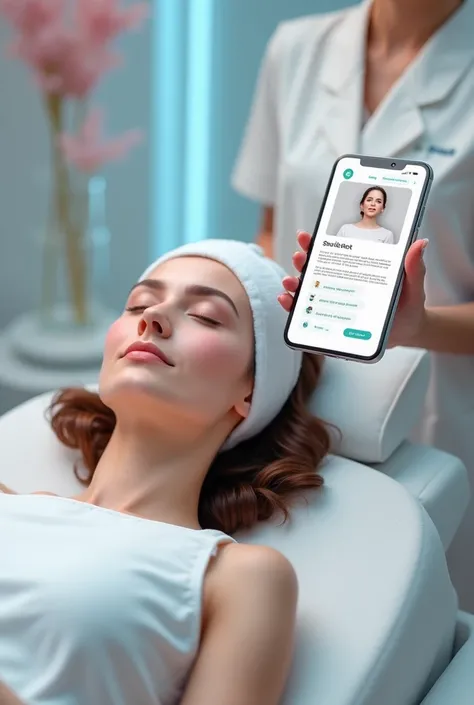 Image of a modern facial beauty salon environment, with a client in a treatment chair receiving facial care. In the corner of the image, a digital interface appears on a tablet or smartphone showing the service bot interacting with the customer. The image ...