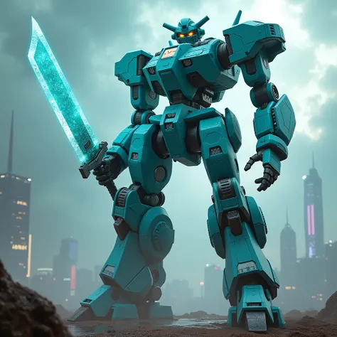  make a picture of a giant robot holding a giant katana. Colored Cyan ,  Has a plasma cannon in his left hand ,  has a Katana in his right hand 