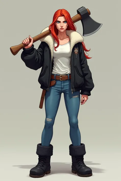 a tall, muscular woman. your skin is fair,  she has blue eyes and long red hair . She wears a black jacket with a white fuzzy part on the collar,  with a white t-shirt underneath .  She wears blue jeans with fuzzy black boots . In your hands, She holds a t...