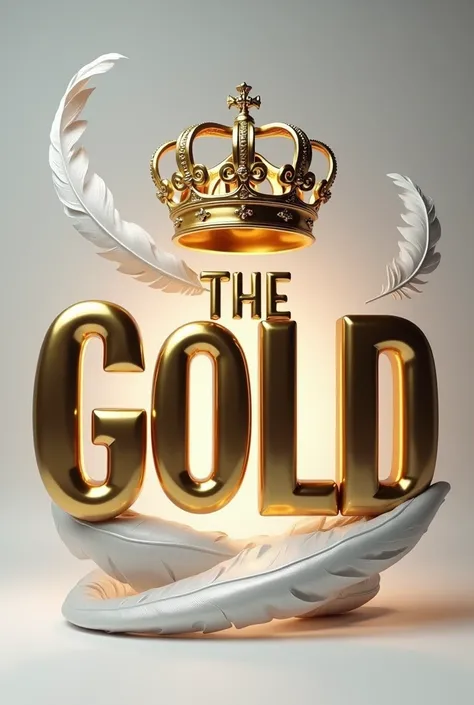 A 3d render of the word "THE GOLD" in a BLACK and gold metallic font in Capital letter with a golden British crown above and a white feather , with a light shine behind the word, and a silver swirl underneath.  The background is a light gray.