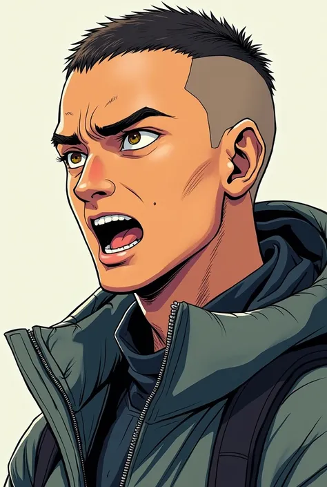 Create a drawing of a guy, he has short hair with a buzz cut, hes wearing an oversized jacket and clothes for cold weather, hes in a 3/4 view and speaking, in a manga style, show only his face