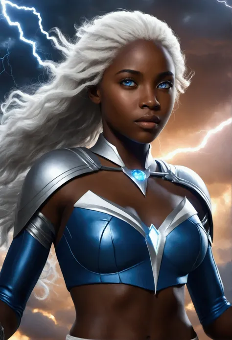 A blue-eyed, smooth-haired black heroine , very beautiful,  has black skin and long white hair .  athletic body.  She is flying and shooting electric rays through her hands . Semblante rabosa.  In the sky there is a storm with lots of lightning and strong ...