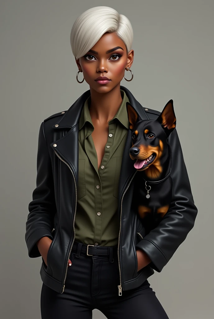 Create an image of a 29-year-old black woman with a ,72 tall,  with short white hair with a side cut on the right side of her head, Without earrings. She wears black pants ,  a military green blouse and a black leather jacket . She has a black rottweiler d...