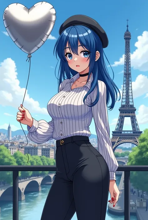 Serena, a 25-year-old woman with blue hair, I cut up to the ears ,  very beautiful with a curvilinear body , , red and sensual lips,  her fringe split in half falls on her blue eyes ,  dressed as a cuddle in the city of Paris. .  black flared pants and lon...