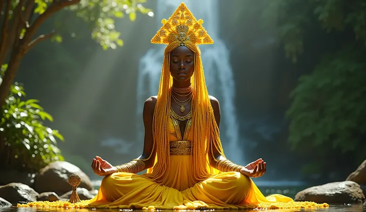 A realistic depiction of Oxum, the Yoruba goddess of rivers, beauty, and fertility, seated in a meditative lotus position in a lush forest near a majestic waterfall. She is wearing a vibrant yellow dress with intricate golden details that shimmer in the su...