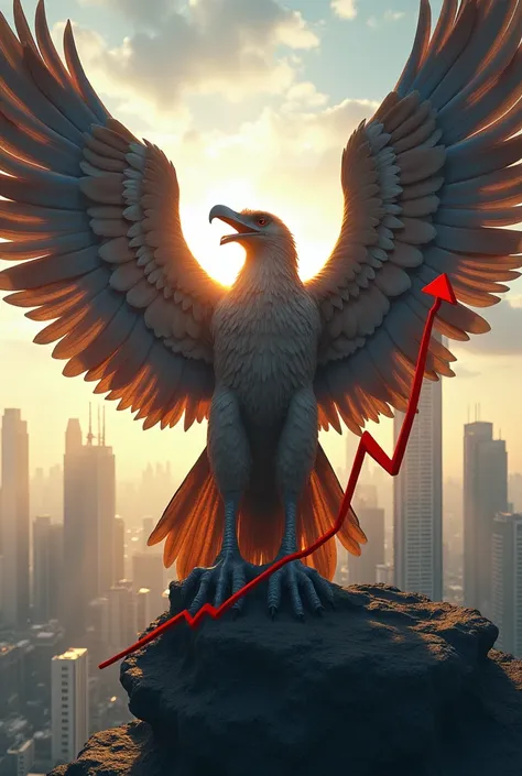 The Garuda, a mythical bird from Indonesian heraldry, spreads its wings and grasps a sharply rising graph. The graph displays "300 Billion Dollars" and the Indonesian flag. The background can showcase a futuristic cityscape of Jakarta.