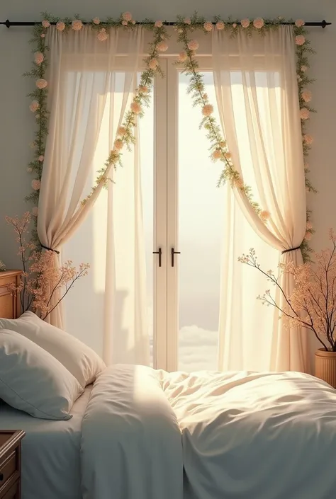 Subtle details: Wedding garlands hung on the bedpost, a faint breeze moving the curtains.