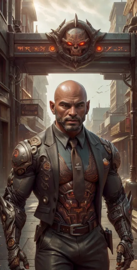 photo of muscular (39y.o bald African American bearded ) in a worn ((wearing a zegna cybernetic high-tech business suit and tie, mixed-up with demonictech:1.2, shirt, jacket, pants, belt)), big pecs, big arms, large bulge, ((light bokeh)), intricate, (stee...