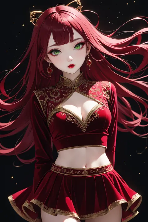 Surreal and cinematic picture of a young asian, slim fit young teen girl, round face, full crimson lips, super slim waist, extremly long skinny legs, navel percing, big gold ear ring, blushing cheeks, very long straight dark ruby red hair, pale white skin,...