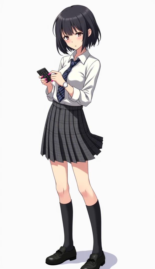 Teenage woman with black and short hair and with white anime watch and pink nails with schoolboy long-sleeved white shirt and plaid tie in dark gray and white and plaid pleated skirt in combination of dark gray and white colors, following a uniform pattern...