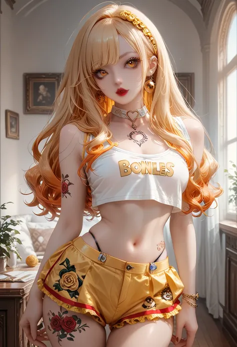      very long loose yellow wavy hair curlers body tattoos bronzed skin mini thong shorts white mini top very short transparent neckline raised skirt.    orange eyes red lips  