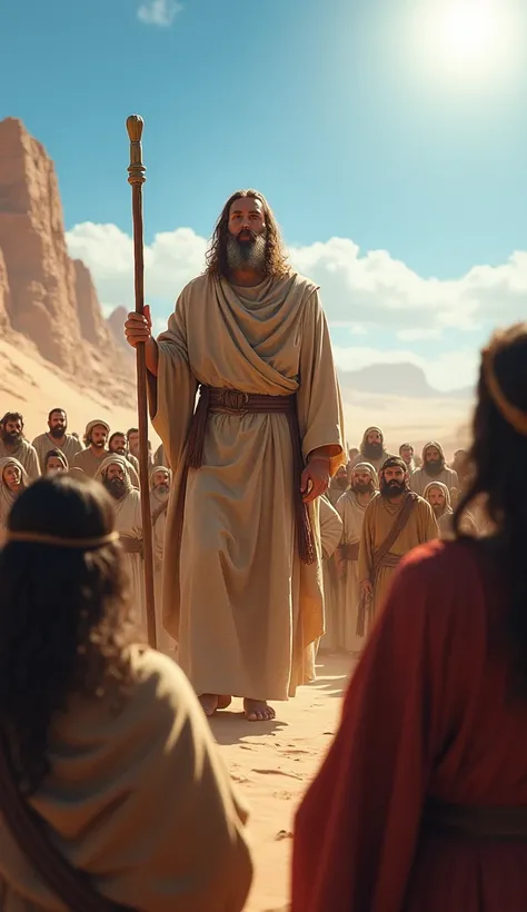  A biblical setting in the desert , where Moses,  a middle-aged man with beard and ancient garments,  is in an elevated position ,  looking with determination at a vast group of Israelites .  The town is composed of men , women and ren of various ethniciti...