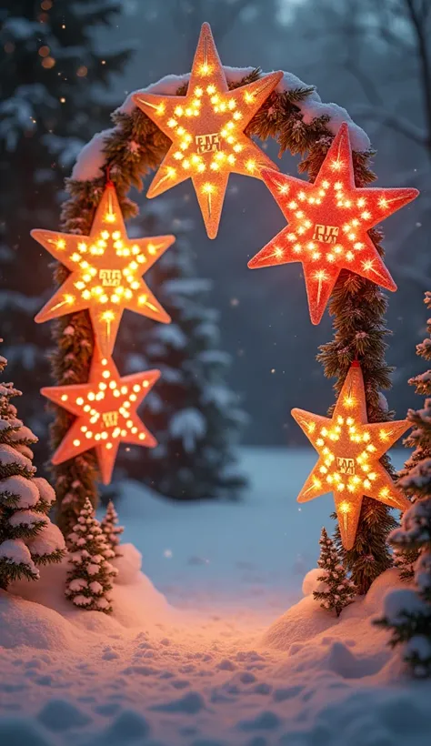 Christmas image, snow, light garland with 5 big stars in the foreground in which you can write a first name: red, gold, white