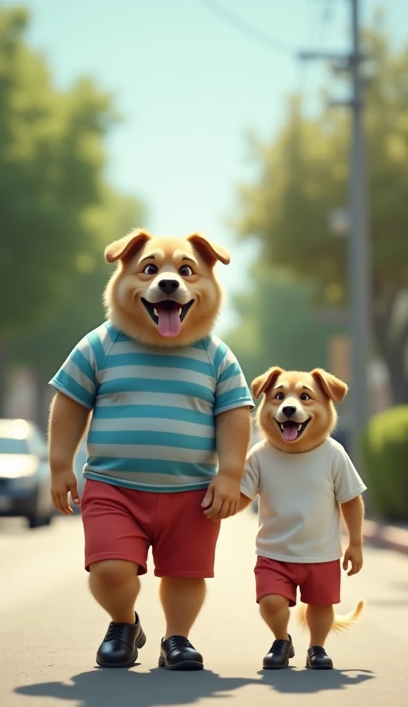 Fat Dog stripes blue t shirt and red shorts,blcak shoes little dog white t shirt, black shoes walking, road,1 tree,2 car ride ,background blurry