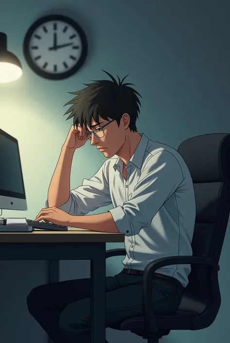  German (25 years old)  wearing a white shirt,  his pants were sitting at work ,  tired face .  The boss turned away ,  leaves Germany with pile of unfinished work .  He sighed a little ,  looked at the clock ,  then left the desk . anime. Anh ý  looked at...