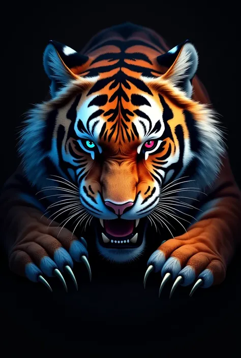  on a black background the face of a tiger with mixed blue and red eyes, tearing the background with its claw 