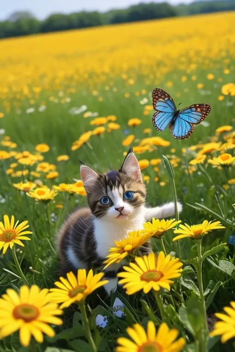  create an image of a kitten playing in a field of daisies。 blue butterflies fly around 、On a bright, clear day 、 create a fun and fantastic atmosphere 。
