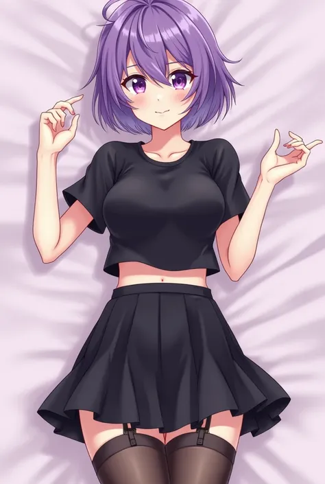 An anime boy, She has short purple hair ,  Purple eyes ,  she wears a short black grende shirt ,  she has a black mini skirt , She has thigh-length stockings ,  has big thighs and a thin waist and is a femboy