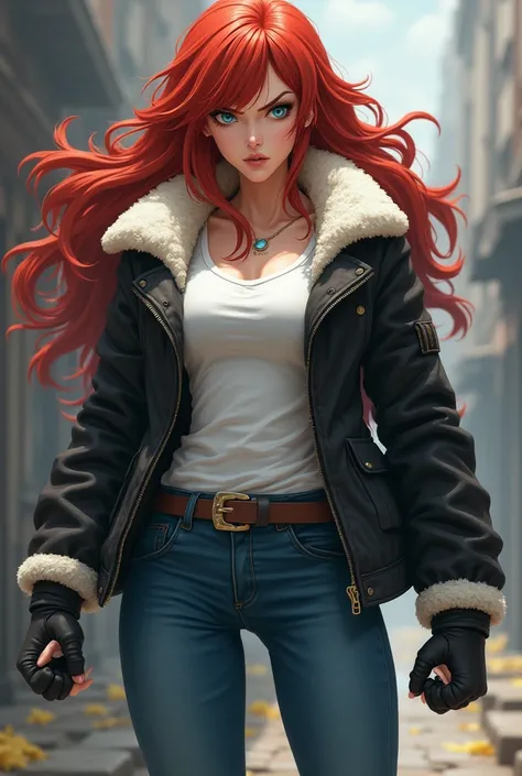 a tall, muscular woman. your skin is fair,  she has blue eyes and long red hair . She wears a black jacket with a white fuzzy part on the collar,  with a white t-shirt underneath .  She wears blue jeans with fuzzy black boots . She holds your ,  fists as i...