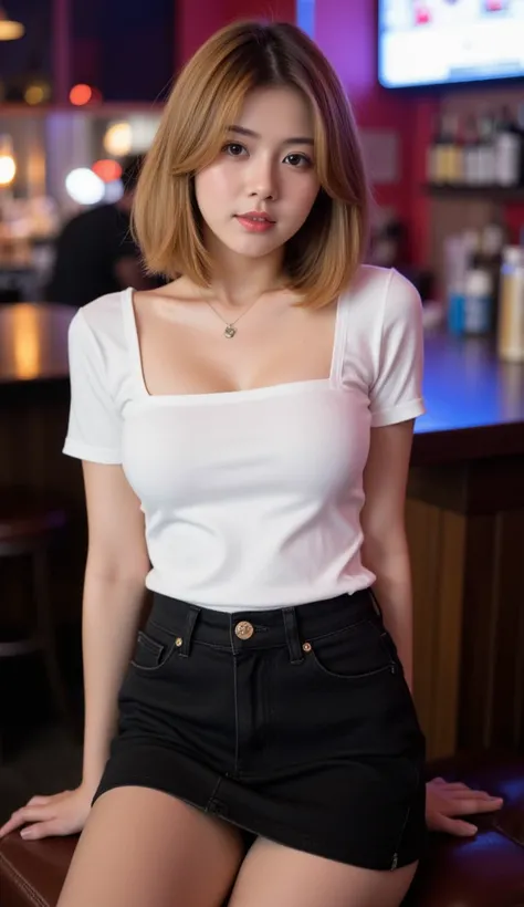 Gorgeous Thai woman is sitting at nightclub. Bob curve in hair style, golden color. Innocent, youthful facial features. natural makeup with coral lipstick. Wearing white square neck shirt, A black low waist jean skirt streetwear clubwear casual zipper clos...