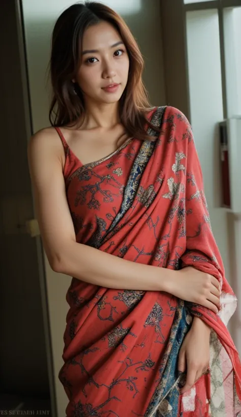 Cute, beautiful woman,(full body view), big natural lips, ((saree)), indian female model divya bharti, dark red lips, dark red lips,