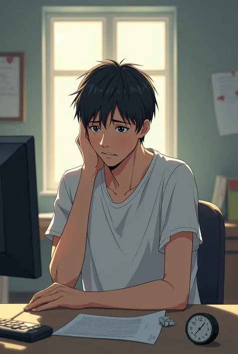  German (25 years old)  wearing a white shirt, panties are at the desk tired face.  He sighed a little ,  looked at the clock ,  then left the desk . anime. Anh ý  looked at the clock  rồi rời đi