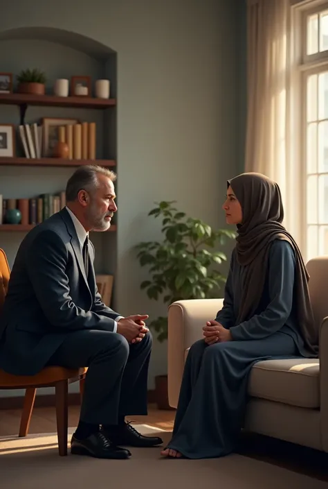 The young headmaster, serious-faced, asking his wife a question while sitting in a neat living room; the wife looks thoughtful in her hijab.
