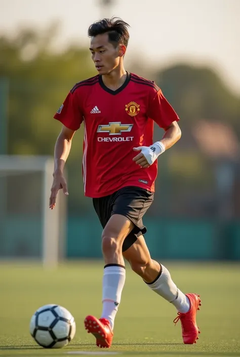 Extremely detailed,, 30 years old asian man,, very thin,, slim chests, up spiky short black hair,, clean cut,, wearing Manchester united Jersey,, white red futsal shoes, white wristband,,dribbling,,, full body pose,, futsal court, football court, sunny eve...