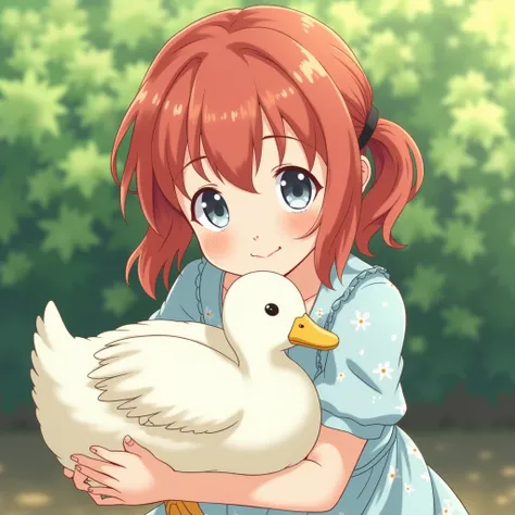 An anime illustration of a red-haired girl gently hugging a white duck. The girl has a soft and warm smile, has a pair of gray-blue eyes, and is wearing a light blue dress with delicate floral patterns, which complements the quiet rural atmosphere. Her hai...